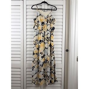 Q&A Floral Maxi Dress Women L Yellow Navy Daisy Elastic Waist Sun Dress Button